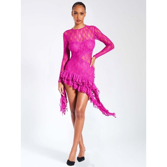 Maira Fuchsia Lace Long Sleeve Ruffle Dress - Picture 5 of 15